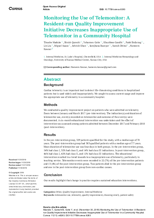 (PDF) Monitoring the Use of Telemonitor: A Resident-run Quality ...