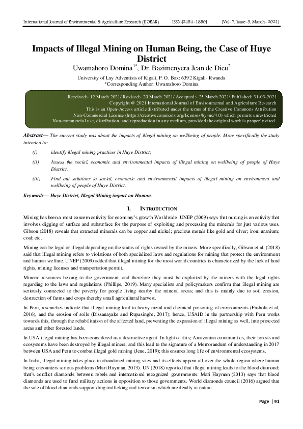 (PDF) Impacts of Illegal Mining on Human Being, the Case of Huye District