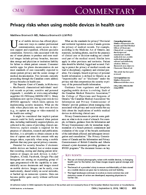 (PDF) Privacy risks when using mobile devices in health care