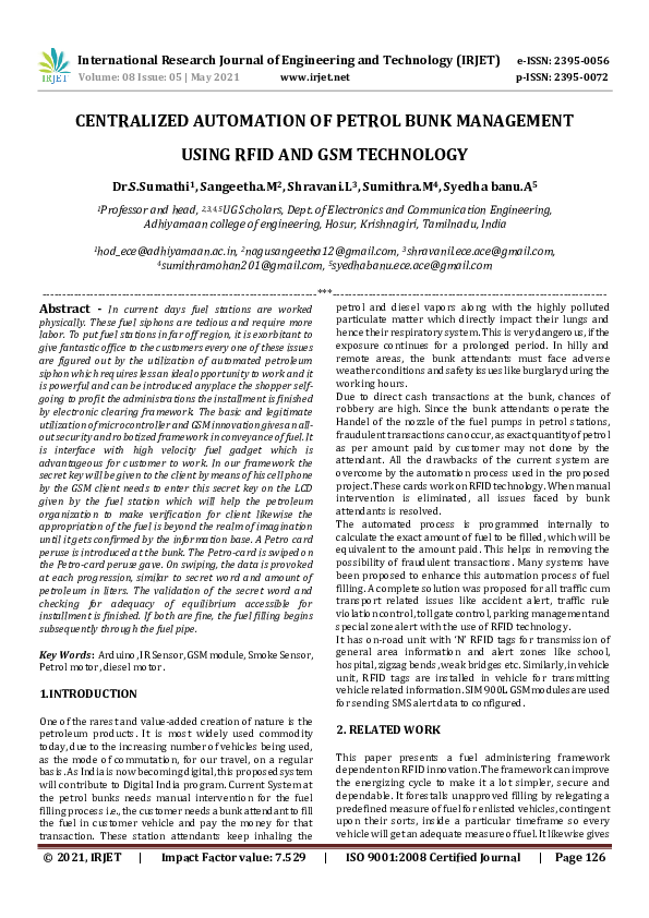 (PDF) CENTRALIZED AUTOMATION OF PETROL BUNK MANAGEMENT USING RFID AND