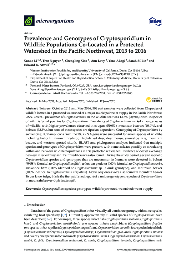 (PDF) Prevalence and Genotypes of Cryptosporidium in Wildlife ...