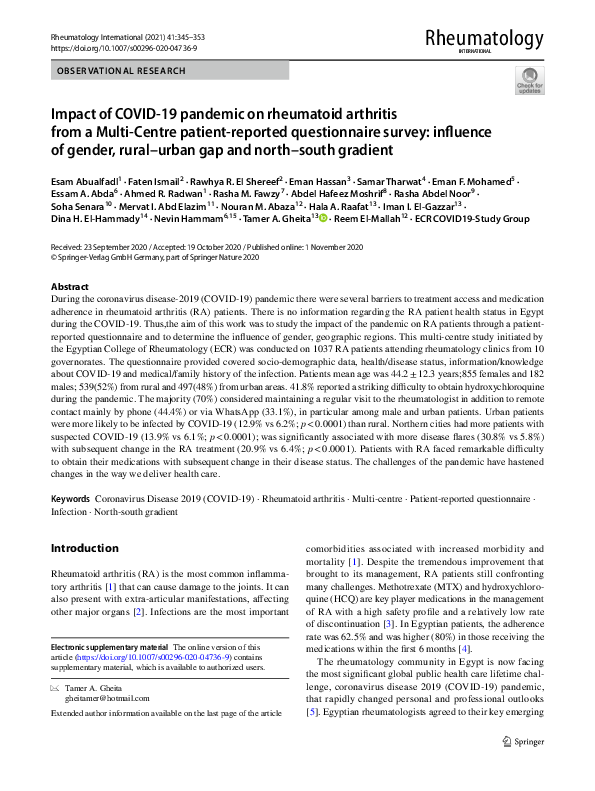 (PDF) Impact of COVID-19 pandemic on rheumatoid arthritis from a Multi ...
