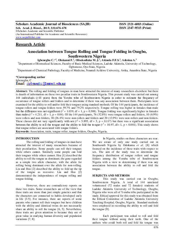 (PDF) Association Between Tongue Rolling and Tongue Folding in Osogbo