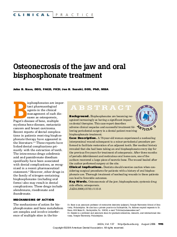 (PDF) Osteonecrosis of the jaw and oral bisphosphonate treatment