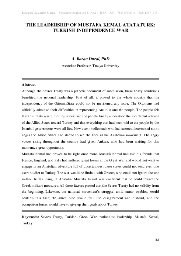 (PDF) The Leadership of Mustafa Kemal Atataturk: Turkish Independence War