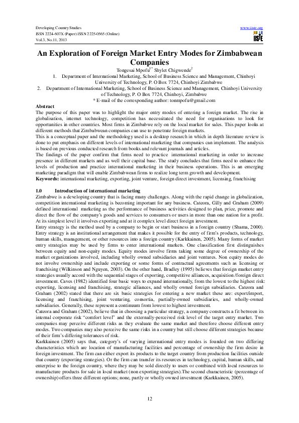 (PDF) An Exploration of Foreign Market Entry Modes for Zimbabwean Companies