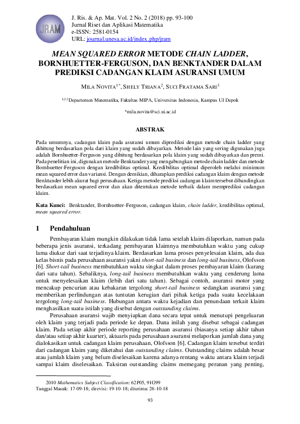 (PDF) Mean Squared Error Metode Chain Ladder, BornhuetterFerguson, dan