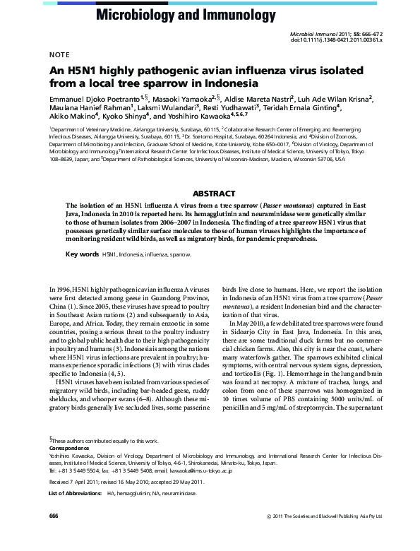 (PDF) An H5N1 highly pathogenic avian influenza virus isolated from a ...
