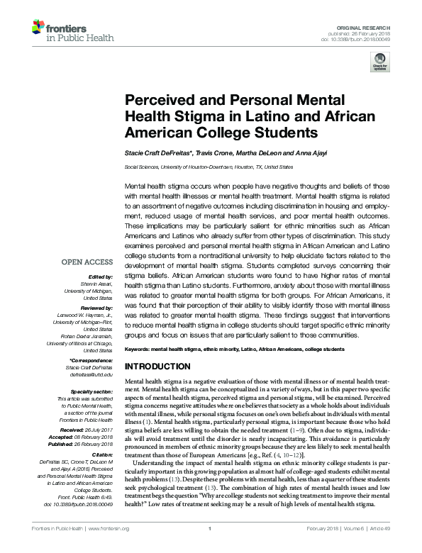 (PDF) Perceived and Personal Mental Health Stigma in Latino and African ...