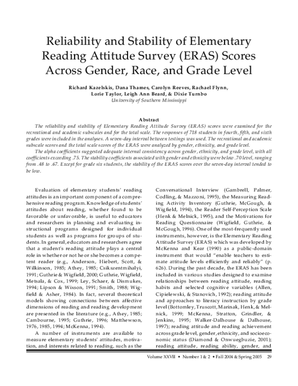 (PDF) Reliability and stability of elementary reading attitude survey ...