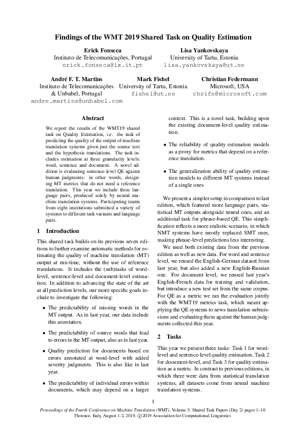 (PDF) Findings of the WMT 2019 Shared Tasks on Quality Estimation