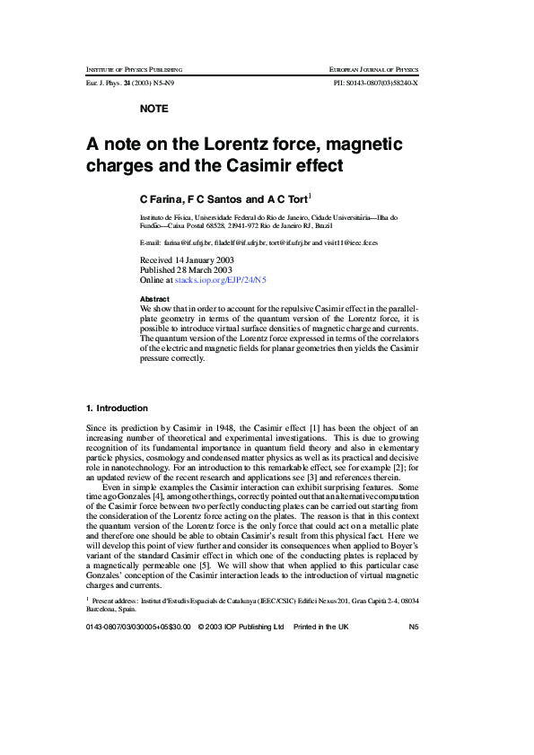 (PDF) A note on the Lorentz force, magnetic charges and the Casimir effect