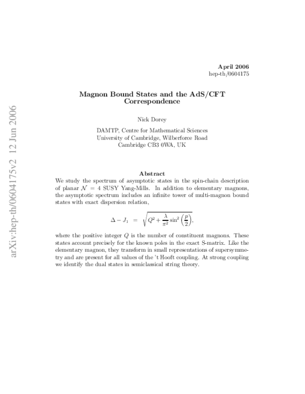 (PDF) Magnon bound states and the AdS/CFT correspondence