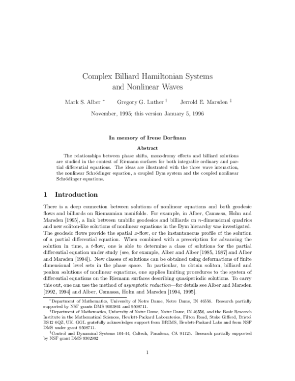 (PDF) Complex Billiard Hamiltonian Systems and Nonlinear Waves