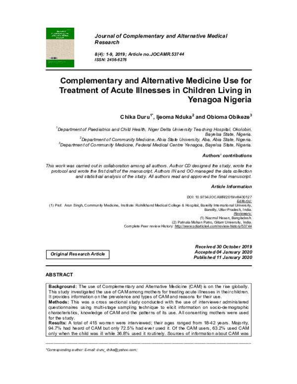 (PDF) Complementary and Alternative Medicine Use for Treatment of Acute ...
