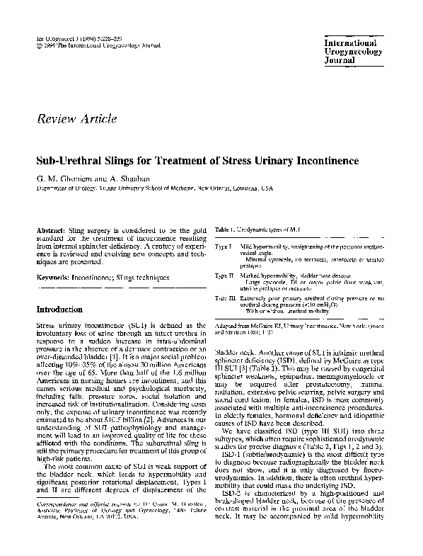 (PDF) Sub-urethral slings for treatment of stress urinary incontinence