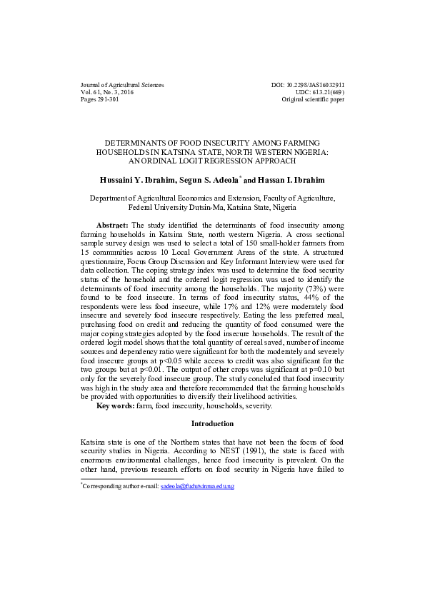 (PDF) Determinants of food insecurity among farming households in ...