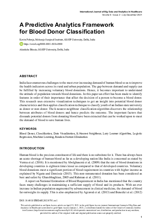 (PDF) A Predictive Analytics Framework for Blood Donor Classification