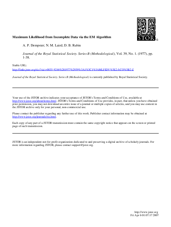 (PDF) Maximum likelihood from incomplete data via the em algorithm