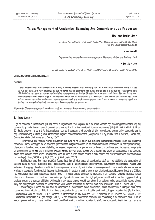 (PDF) Talent Management of Academics: Balancing Job Demands and Job ...