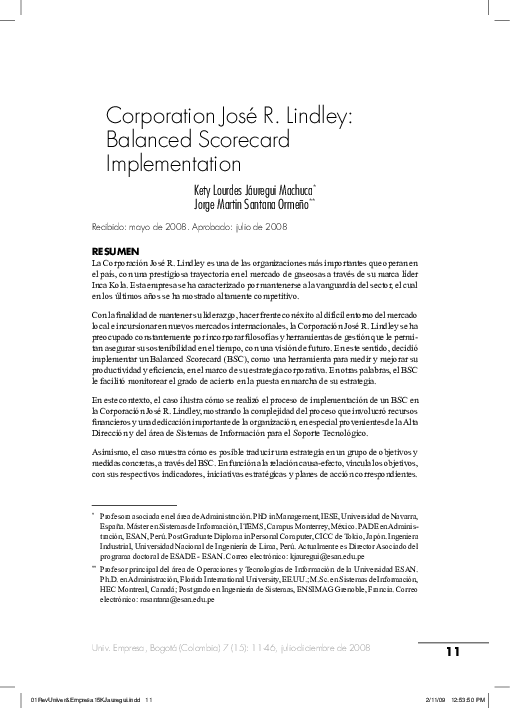(PDF) Corporation José R. Lindley: Balanced Scorecard implementation ...