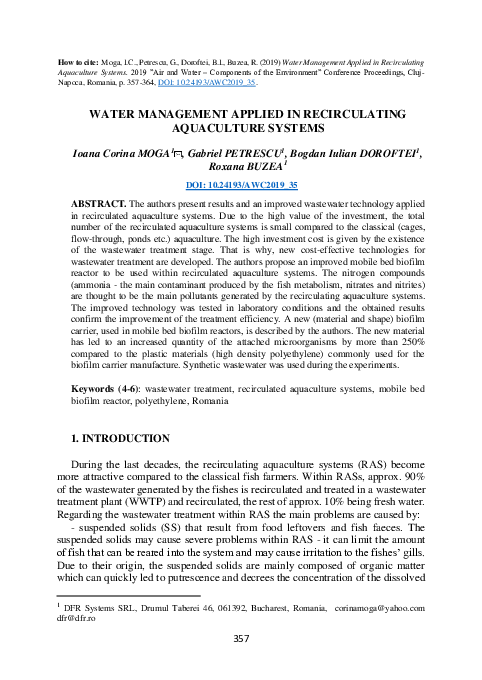 (PDF) Water Management Applied in Recirculating Aquaculture Systems