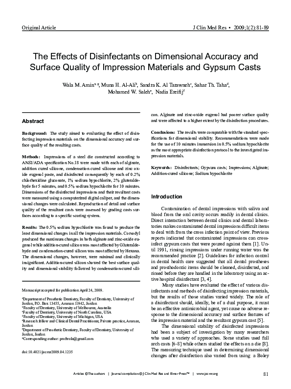 (PDF) The Effects of Disinfectants on Dimensional Accuracy and Surface Quality of Impression