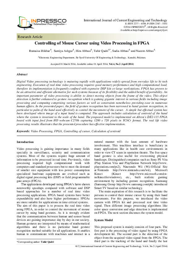 (PDF) Controlling of Mouse Cursor using Video Processing in FPGA