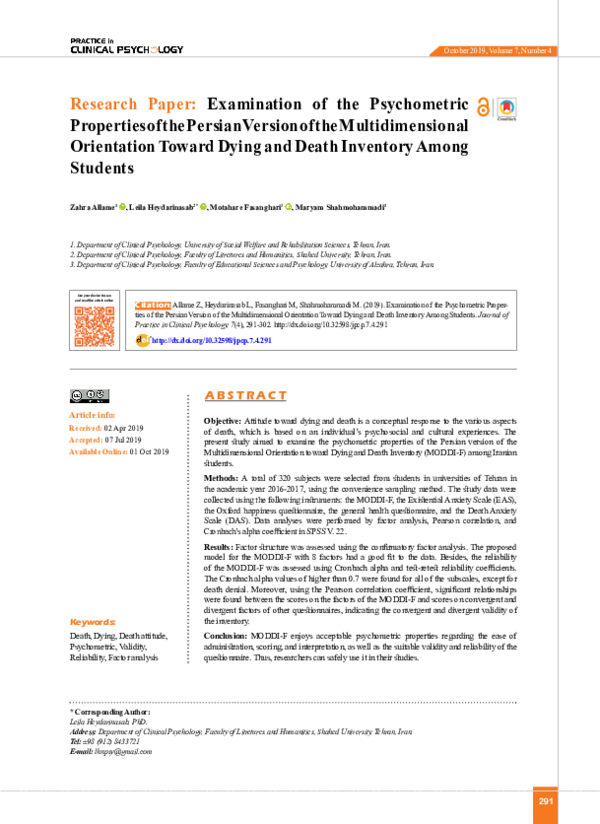 (PDF) Examination of the Psychometric Properties of the Persian Version ...