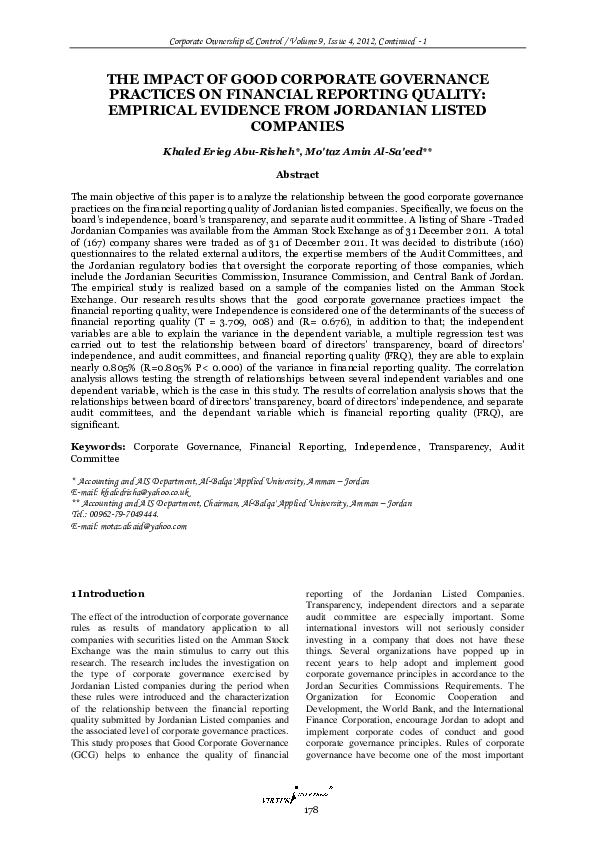 (PDF) The Impact of Good Corporate Governance Practices on Financial ...