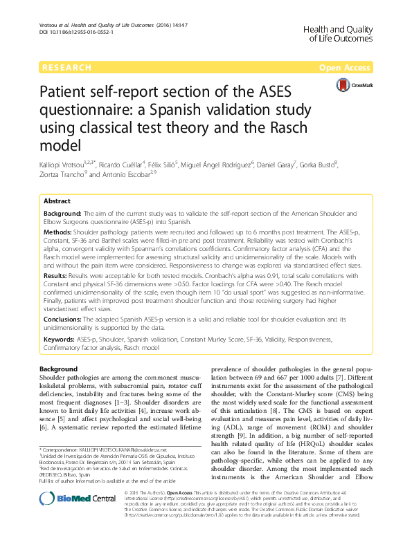 (PDF) Patient selfreport section of the ASES questionnaire a Spanish validation study using