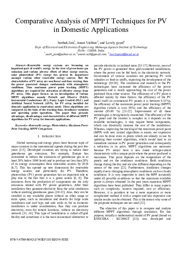 (PDF) Comparative analysis of MPPT techniques for PV in domestic ...