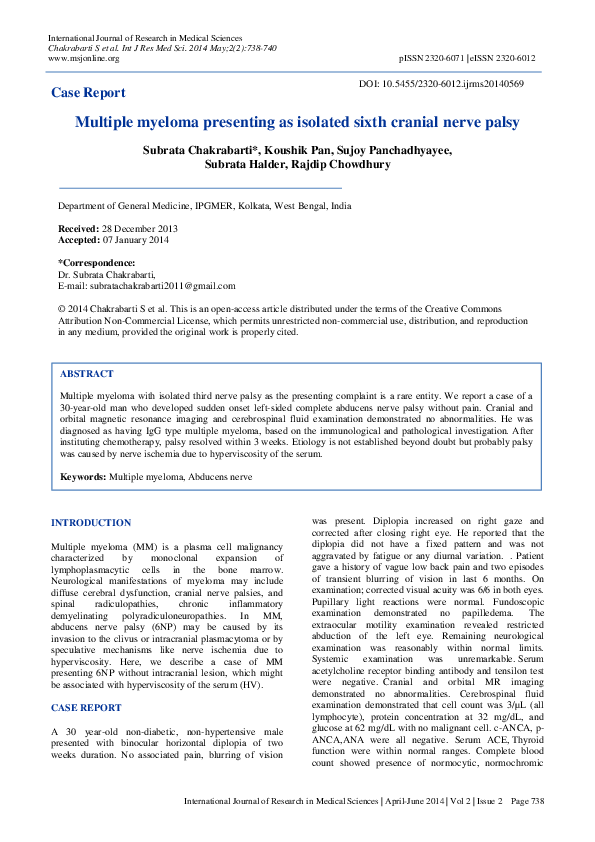 (PDF) Multiple Myeloma Presenting as Isolated Sixth Cranial Nerve Palsy