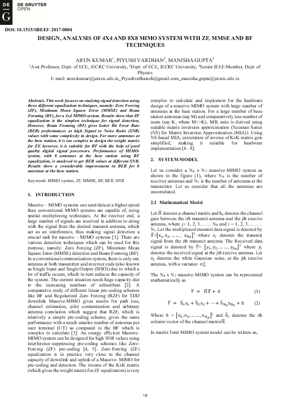 (PDF) Design, Analysis of 4×4 and 8×8 MIMO System with ZF, MMSE and BF ...