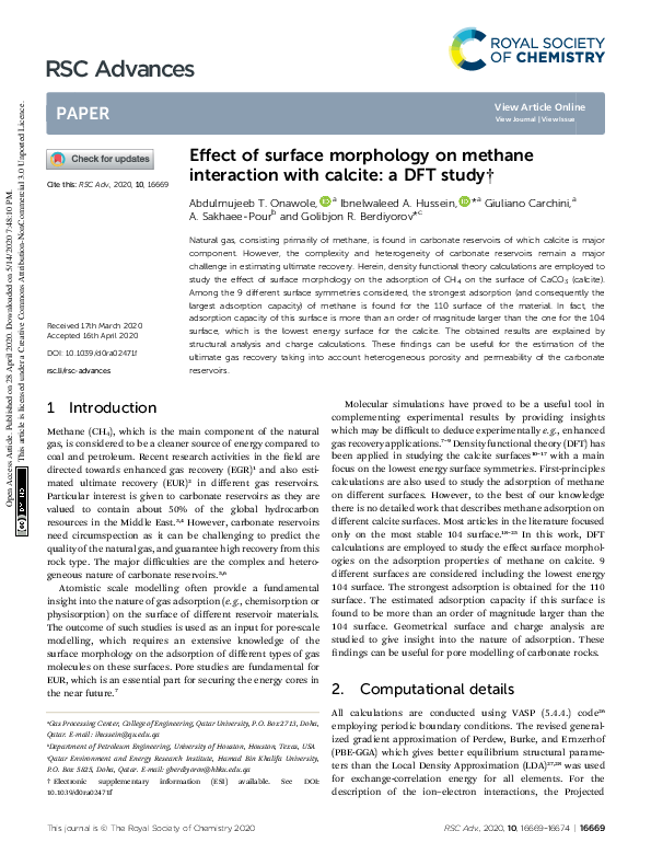 (PDF) Effect of surface morphology on methane interaction with calcite ...