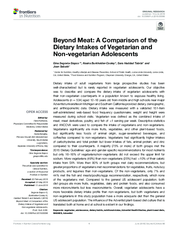 (PDF) Beyond Meat: A Comparison of the Dietary Intakes of Vegetarian ...