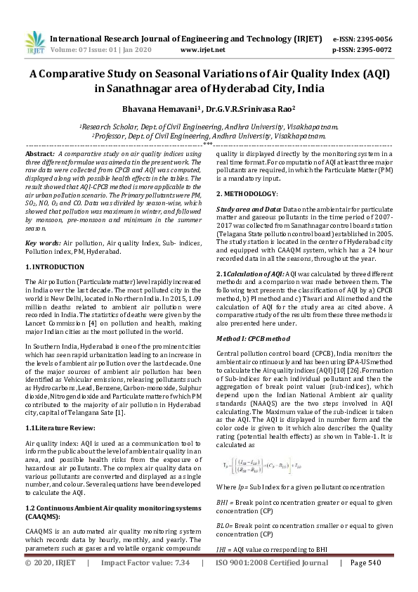 (PDF) A Comparative Study on Seasonal Variations of Air Quality Index ...