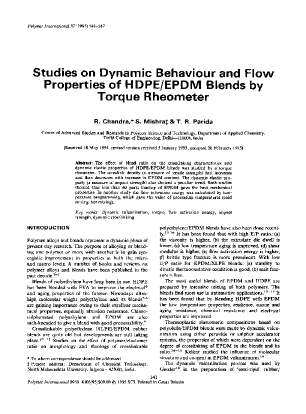 (PDF) Studies on dynamic behaviour and flow properties of HDPE/EPDM