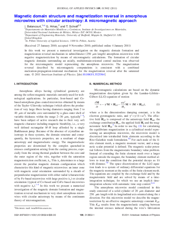 (PDF) Magnetic domain structure and magnetization reversal in amorphous ...