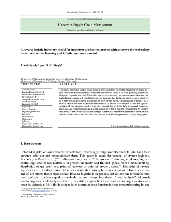 (PDF) A reverse logistic inventory model for imperfect production ...