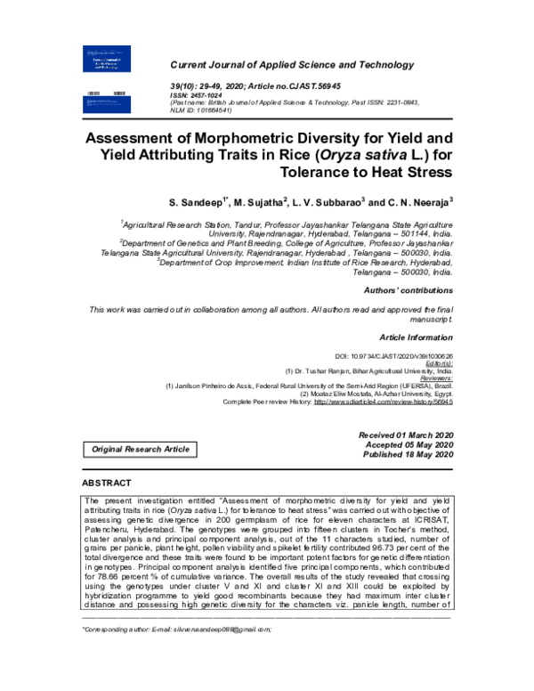 (PDF) Assessment of Morphometric Diversity for Yield and Yield ...