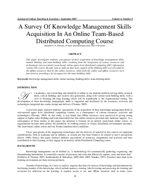 (PDF) A Survey Of Knowledge Management Skills Acquisition In An Online ...