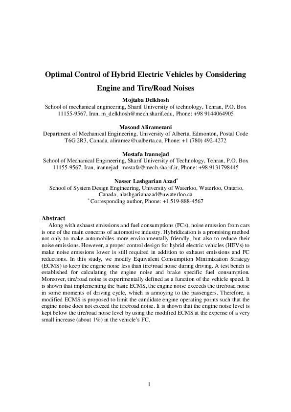 (PDF) Optimal Control of Hybrid Electric Vehicles by Considering Engine ...