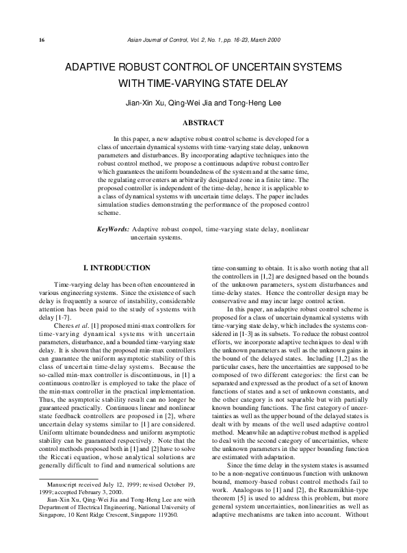(PDF) Adaptive Robust Control of Uncertain Systems with Time-Varying ...