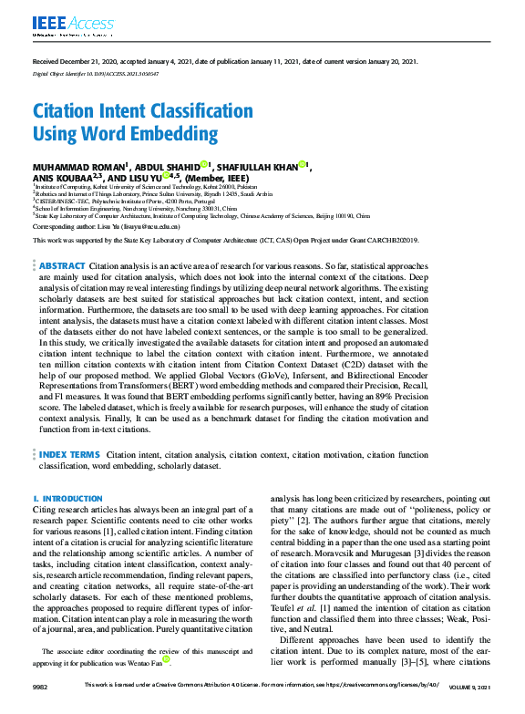 (PDF) Citation Intent Classification Using Word Embedding