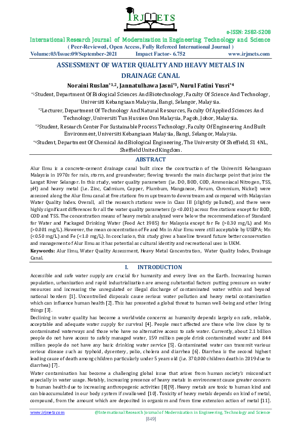 (PDF) ASSESSMENT OF WATER QUALITY AND HEAVY METALS IN DRAINAGE CANAL