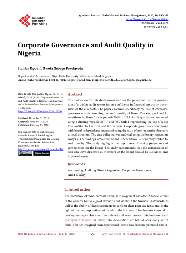 (PDF) Corporate Governance and Audit Quality in Nigeria
