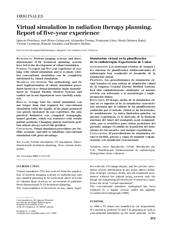 (PDF) Virtual simulation in radiation therapy planning. Report of five ...