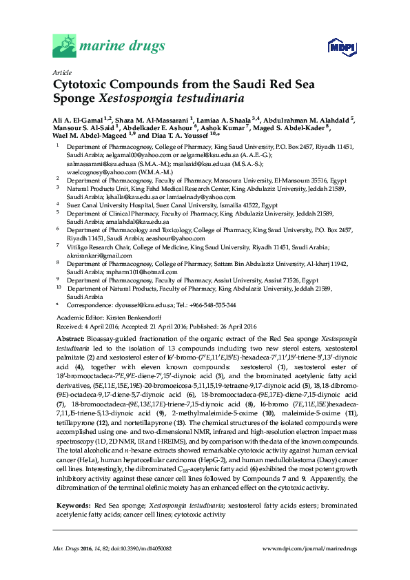 (PDF) Cytotoxic Compounds from the Saudi Red Sea Sponge Xestospongia ...
