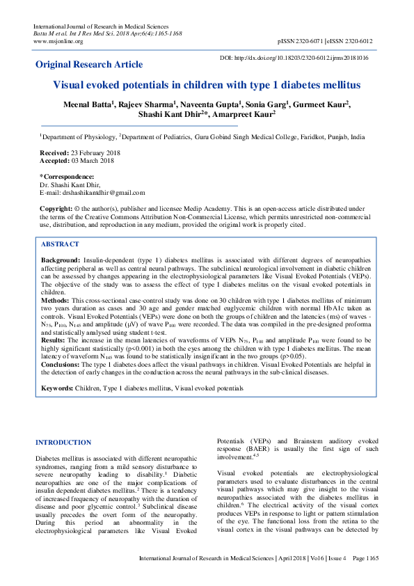 (PDF) Visual evoked potentials in children with type 1 diabetes mellitus